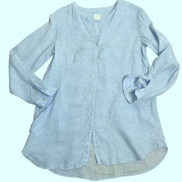 SIGRID OLSEN Linen Tunic Blouse Blue Button Front Long Tab Sleeve Pockets Sz M - Picture 6 of 8